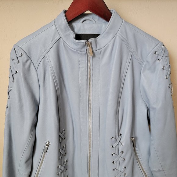 Neiman Marcus Light Blue Leather Lace-Up Moto Leather Jacket - Picture 4 of 16